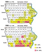 Thumbnail of Iowa maps showing Ehrlichia chaffeensis seropositive specimens by county. The total number of positive specimens was 102 of 1,775 in 1994 (top map) and 91 of 1,102 in 1996 (bottom map). Within each of the 99 counties is listed the number of positive specimens over the total submitted for the county. Colors indicate the percentage of positive specimens as listed in the key.
