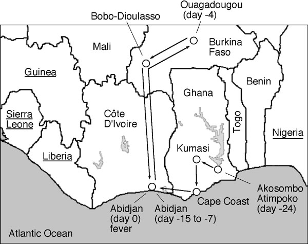 Map of West Africa and travel history of the patient before the onset of febrile illness (day 0). Countries in which Lassa fever is endemic (1-4) are underlined.