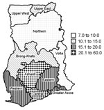 Thumbnail of Prevalence of suspected active cases of Buruli ulcer, by region, Ghana, 1999.