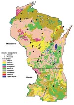 Thumbnail of Map of soil orders in Wisconsin and northern Illinois, overlaid with tick study sites.
