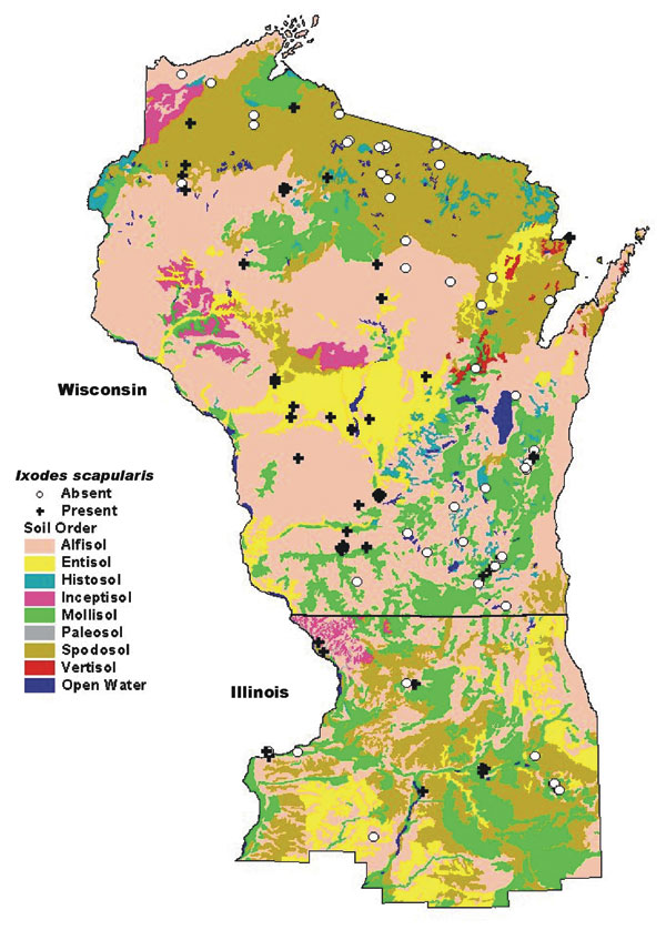 Map of soil orders in Wisconsin and northern Illinois, overlaid with tick study sites.