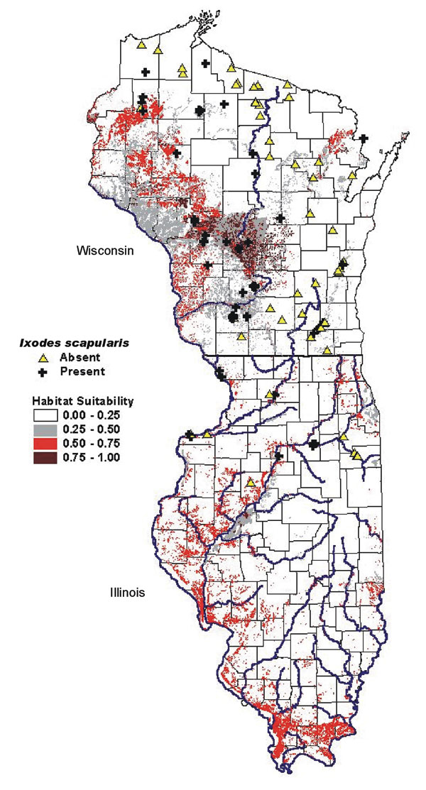 Predictive risk map of habitat suitability for Ixodes scapularis in Wisconsin and Illinois.