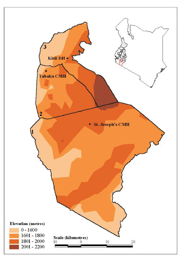 Locations of the three study hospitals and the administrative districts they serve in the highlands of western Kenya. The inset map of Kenya shows the 15 districts designated by the Government of Kenya as at risk from unstable, temperature-limited, and hence epidemic malaria. The three districts shaded in red are those in the large map. The St. Joseph’s Catholic Mission Hospital (CMH) at Kilgoris, Tabaka CMH, and Kisii District Hospital are shown within their administrative boundaries of (1) Trans Mara, (2) Gucha and (3) Kisii Central District, respectively. The districts are shown against a backdrop of a digital elevation model for which a key is provided. North is to the top of the page.