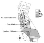 Thumbnail of Distribution of reported cases of human brucellosis in California residents, 1973–1992.