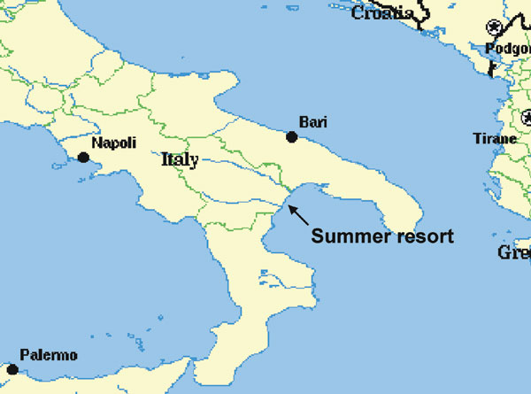 Map of Italy, showing location of tourist resort on Gulf of Taranto.
