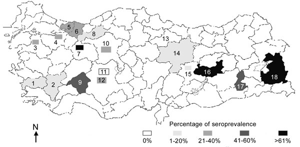 Areas of Turkey sampled to detect the presence of infection with Peste des petits ruminants virus and Rinderpest virus. Numbers in parentheses indicate the number of serologic test materials collected from each location. Rectangles indicate a single outbreak; shaded provinces had multiple outbreaks. Key: 1, Aydin (100); 2, Denizli (164); 3, Balikesir (40); 4, Bursa (40); 5, Kocaeli (100); 6, Sakarya (100); 7, Eskisehir (5); 8, Bolu (160); 9, Isparta (100); 10, Ankara (20); 11, Cihanbeyli (75); 12, Konya (50); 13, Amasya (20); 14, Sivas (109); 15, Malatya (3); 16, Elazig (272); 17, Batman (50); 16, Van (199).