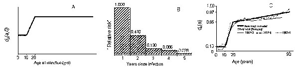 Summary of the main assumptions in the model relating to the risks of developing disease. 1) General relationship between the risk of developing the first primary episode (during the first year after infection) and age at infection. An identical relationship is assumed to hold between the risk of exogenous disease and the age at reinfection and between the risk for endogenous disease and the current age of persons. 2) Risk of developing the first primary episode (or exogenous disease) in each ye