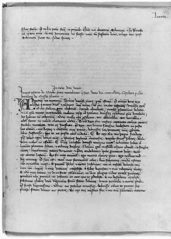 The first page of the narrative of Gabriele de’ Mussi. At the top of the page are the last few lines of the preceding narrative; de’ Mussi’s begins in the middle of the page. The first three lines, and the large “A” are in red ink, as are two other letters and miscellaneous pen-strokes; otherwise it is in black ink. Manuscript R 262, fos 74r; reproduced with the permission of the Library of the University of Wroclaw, Poland.
