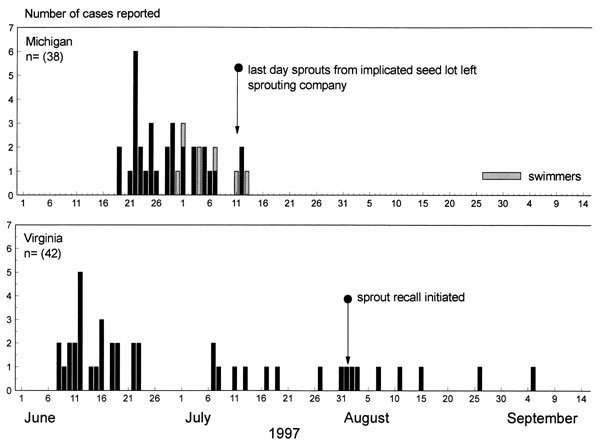 Date of onset of illness for persons with Escherichia coli O157:H7 infection and the outbreak pulsed-field gel electrophoresis pattern, Michigan and Virginia, June to September 1997.