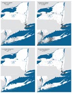 Thumbnail of Maps of ill or dead crow sightings (a,b) and West Nile virus-positive dead birds of any species (c,d), New York State, 2000.