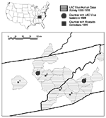 Thumbnail of Regional map of eastern Tennessee, western North Carolina, and southeastern Kentucky, showing counties reporting human cases of La Crosse encephalitis from 1996 to 1999, counties with 1999 mosquito collection sites, and counties with 1999 La Crosse virus isolations from Aedes albopictus.