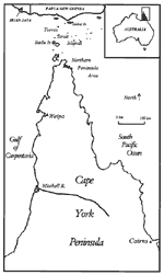 Thumbnail of Map showing location of Japanese encephalitis foci (Badu Island in the Torres Strait, the northern peninsula area, and the mouth of the Mitchell River in Cape York) used in backtrack simulations.