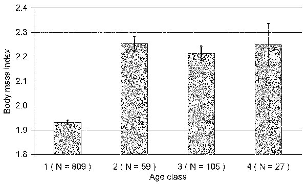 Mean (± SE) body mass index (BMI) within age classes of bank voles, where BMI separates age class 1 (juvenile/subadult) from all others; see Figure 1 for details on age classes.