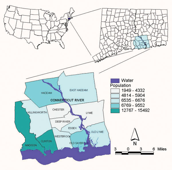 Surveillance area: 12-town area around Lyme, Connecticut.