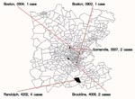 Thumbnail of Map of sample small area syndrome counts for Monday, March 4, 2002, showing the five census tracts with the most extreme probability values. Labels show name of town, census tract code (state and county prefixes have been removed), and number of cases for the 24 hours included in the report.