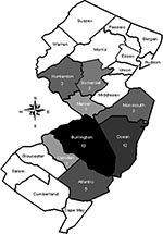 Thumbnail of Map of New Jersey showing its 21 counties. The eight counties in which reported cases of babesiosis were acquired from 1993 through 2001 are shaded in gray (the darker the gray, the more cases). The number of cases reported per county is shown under the name of the county.