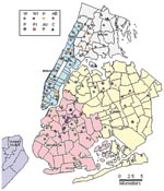 Thumbnail of Geographic distribution of patients in major multidrug-resistant tuberculosis clusters, New York City, 1995-1997.