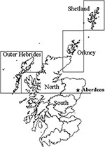 Thumbnail of Salmon production regions in Scotland, including the city of Aberdeen, the site of the FRS Marine Laboratory, where fish health inspectors and virologists are based.