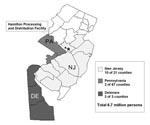 Thumbnail of Counties participating in active surveillance, New Jersey, Pennsylvania, and Delaware, 2001.