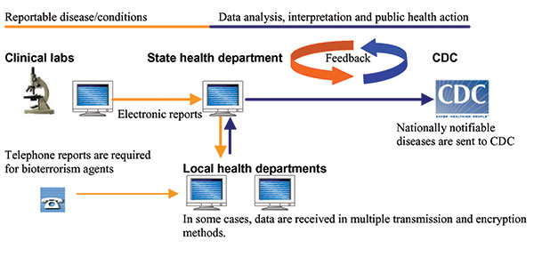 Steps in automated reporting of infectious disease data. The process begins with abstraction of reportable conditions using a software program. Data are stored in a file for future transmission or sent directly to the health department in the case of automated reporting systems. Typically, there are multiple clinical laboratories, and reports are transmitted in a variety of methods including file transfer protocol and dial-up modem at arranged intervals. State health departments review data and