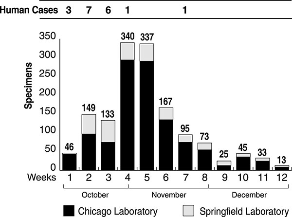 Number of environmental specimens submitted to the Illinois Department of Public Health Division of Laboratories for Bacillus anthracis testing each week from October 8 through December 30, 2001 and number of human cases occurring on the East Coast and reported each week in the news media.