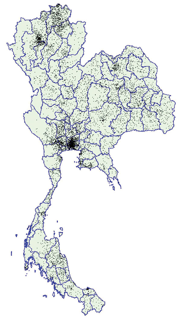 Dot density map of young men who tested positive for HIV at time of entry into the Royal Thai Army, Thailand, November 1991–May 2000. Each dot represents one man. Location of dots based on recruit’s residence during the previous 2 years. Data on recruits entering in November 1993 and May 1994 are not available.