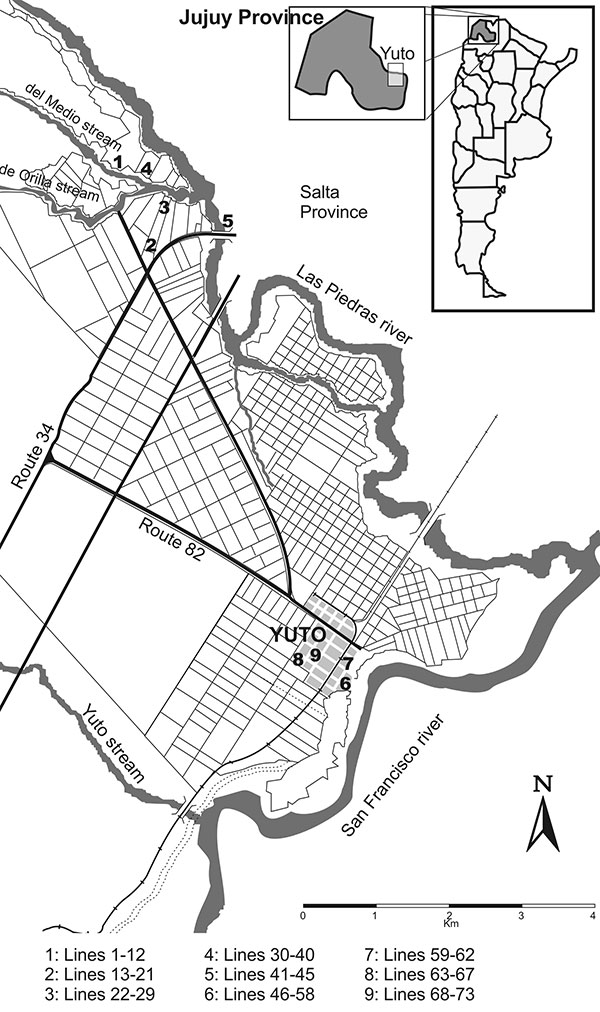 Localization of rodent trapping sites in Yuto and its surroundings.