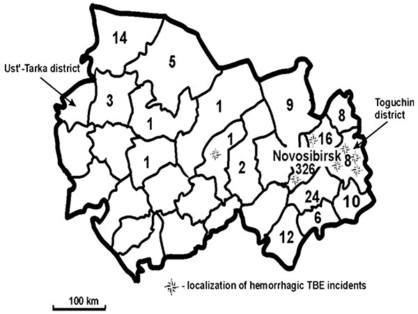 Distribution map of tick-borne encephalitis (TBE) cases by district, Novosibirsk Region, Russia, summer 1999. Case-patients were defined as persons who died from May 1 to August 15, 1999, and who had serologically confirmed (immunoglobulin M–positive test) tick-borne encephalitis infection.