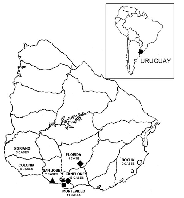 Locations of capture sites and enzyme-linked immunosorbent assay–confirmed hantavirus pulmonary syndrome case-patients in Uruguay. Capture sites: red triangle = Puntas de Valdéz, green diamond = Piedritas, blue circle = Sauce, yellow star = Cerrillos, green square = Melilla.