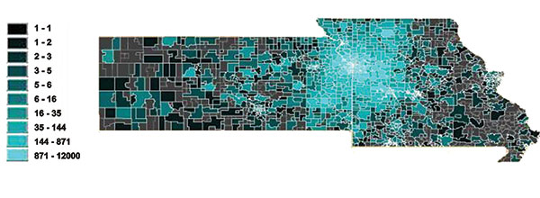 Number of patient encounters evaluated by the data clearinghouse system for potential reportable events per zip code.