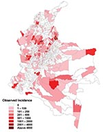 Thumbnail of Geographic distribution of American cutaneous leishmaniasis incidence by municipality, 1994