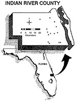 Thumbnail of Map of Indian River County. Asterisks indicate the locations of sentinel chicken flocks. “M” is the site of the Vero Beach 4W meteorologic station.