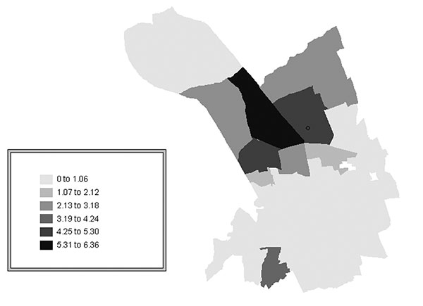 Confirmed cases of Legionnaires’ disease within Murcia city, Spain. Standardized Incidence Ratio (SIR) by neighborhood.