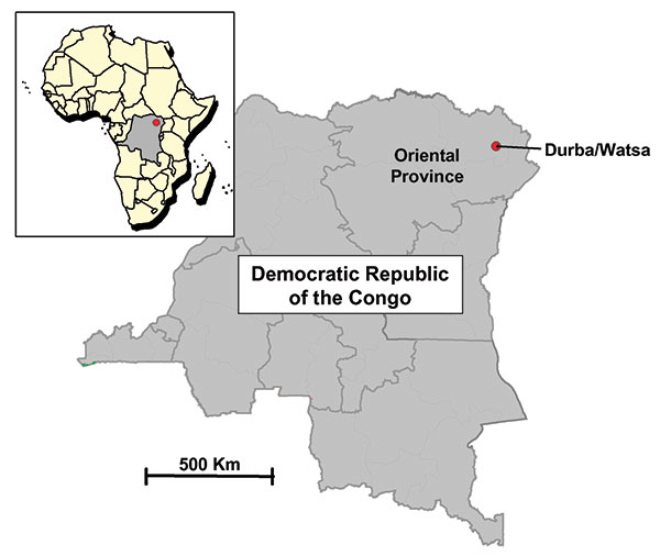 Map of the Democratic Republic of the Congo indicating the neighboring villages of Durba and Watsa, the epicenter of the 1998–1999 outbreak of Marburg hemorrhagic fever.