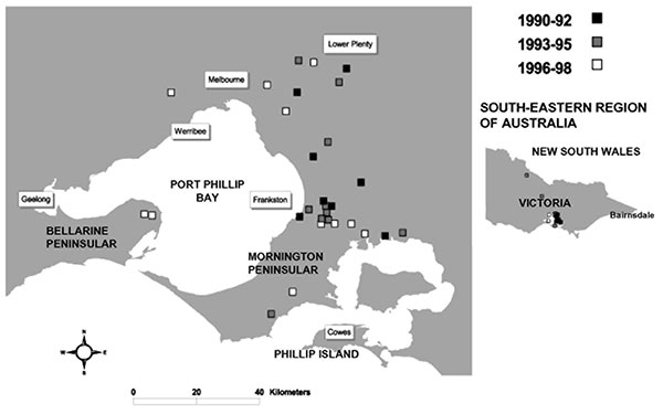 Cases of Mycobacterium ulcerans occurring in areas of Victoria (southeastern Australia), where disease is nonendemic, January 1990–August 1998.