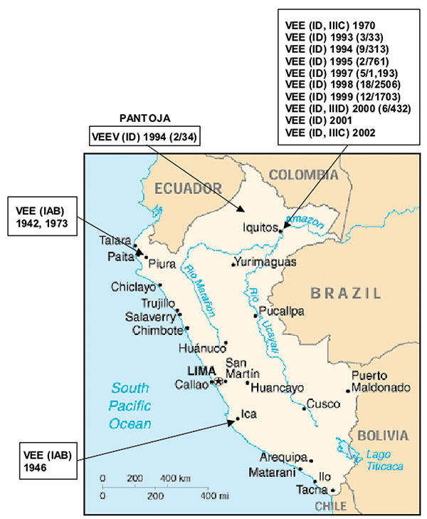 Map of Peru showing the geographic distribution of the Venezuelan equine encephalitis virus (VEEV) complex isolates included in the study. Numbers in parenthesis indicate the number of isolates compared to the total number of febrile cases during the year. ID, IAB, IIIC, IIID correspond to VEEV subtypes isolated during the indicated year.