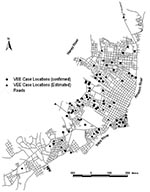 Thumbnail of Map of Iquitos showing the locations of human Venezuelan equine encephalitis virus cases in the city.