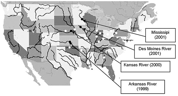 Sites of isolation of IMI-2–producing Enterobacter asburiae isolates (black circles) and ampicillin-resistant, gram-negative rods (white circles).