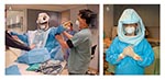 Thumbnail of A, T4 Stryker suit being applied with aid of assistants. Healthcare worker in T4 Stryker suit. Photos provided by Randy Wax and Laurie Mazrik, Ontario Provincial SARS Biohazard Education Team.