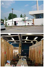 Thumbnail of Tent assessment clinic built on ambulance loading dock for assessment of the general public for any symptom suggestive of severe acute respiratory syndrome. A, 40- x 20-foot tent constructed on the ambulance bay of the emergency department provided a spacious waiting area adjacent to the clinic area; B, inside the tent, eight cubicles were constructed with metal pipe frames and thick plastic walls, each ventilated with a custom-built ventilation system.