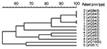Thumbnail of Dendrogram of pulsed-field gel electrophoresis analysis of isolates from patients with recurrent bacteremia. “Patient” refers to numbers from Table 3.