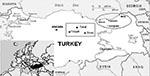 Thumbnail of Geographic distribution of patients with Crimean-Congo hemorrhagic fever (CCHF), Turkey, 2002–2003. Residency of the patients with CCHF infection from our series is marked in the circle. Epicenter of a concurrent outbreak presented at the recent conference in Ankara is shown as a rectangle.