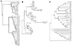 Thumbnail of Unrooted trees showed the phylogenetic relationships among the 35 studied Yersinia pestis isolates inferred from sequence analysis of the combination of the eight intergenic spacers by using the parsimony (A), neighbor-joining (B), and maximum likelihood method (C).