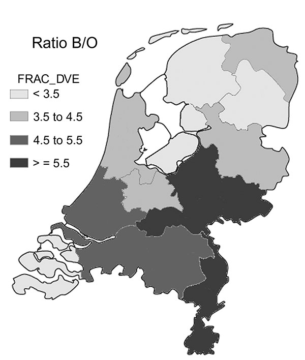 Distribution of the ratio of serogroup B to other serogroups (Ratio B/O) per province in the Netherlands (1993–2001).