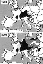 Thumbnail of Distribution of Echinococcus multilocularis in Europe (1,2,4, this study). Black areas: Infection was reported in men, foxes and or rodents. Dark gray areas: Infection was described only in foxes and or rodents. Light gray areas: Only human cases were noted. White areas: E. multilocularis free territories. Question marks: The presence or appearance of the parasite is projected. Note: The prevalence of infection in foxes is similar in the majority of the affected countries.