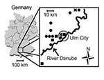 Thumbnail of Residence of 15 study patients with hantavirus infection and nephropathia epidemica, according to year of diagnosis (X, November–December 1998; black circle, January–May 2000; black square, September–November 2001). Note the River Danube as a potential natural barrier of Puumala virus hantavirus infection. Shaded circle indicates Ulm city.