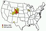 Thumbnail of Chronic wasting disease among free-ranging deer and elk by county, United States.