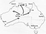 Thumbnail of Map of Australia, indicating the locations where outbreaks of acute rotavirus gastroenteritis were identified during 2001. The direction of spread is indicated. Darwin-Alice Springs population is 1,000.