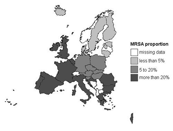 Geographical variation in proportions of methicillin-resistant Staphylococcus aureus (MRSA) (1999–2002).