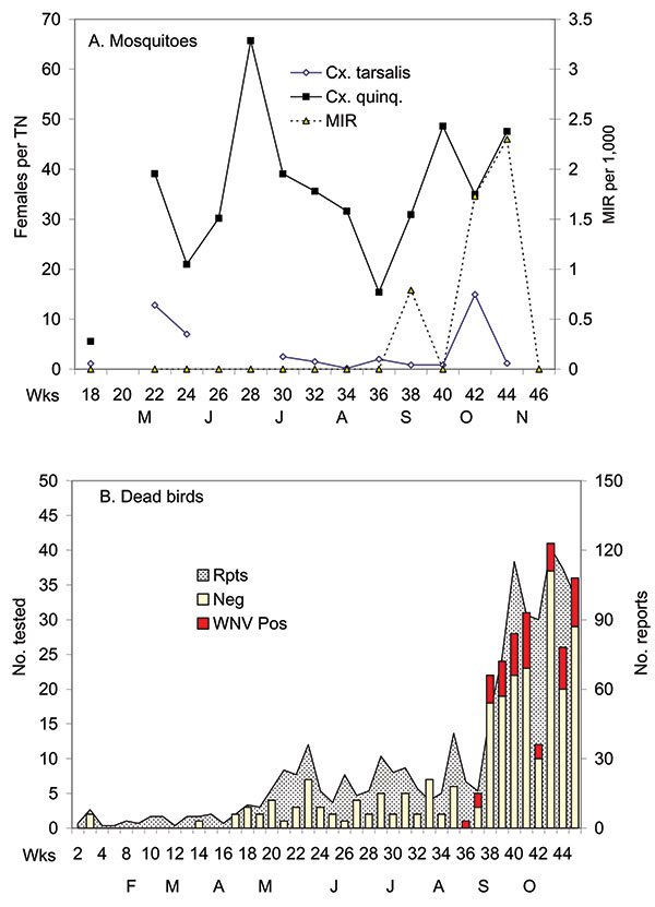 Virus temporal dynamics in relation to Culex abundance in the Whittier Narrows area of Los Angeles County. Shown are (A) female Cx. tarsalis collected per CO2 trap night (TN) and female Cx. p. quinquefasciatus collected per gravid TN, West Nile virus (WNV) minimum infection rates (MIR) per 1,000 Cx. p. quinquefasciatus tested, adjusted for differential sample sizes, and (B) number of dead birds reported, tested, and positive for WNV in Los Angeles County.